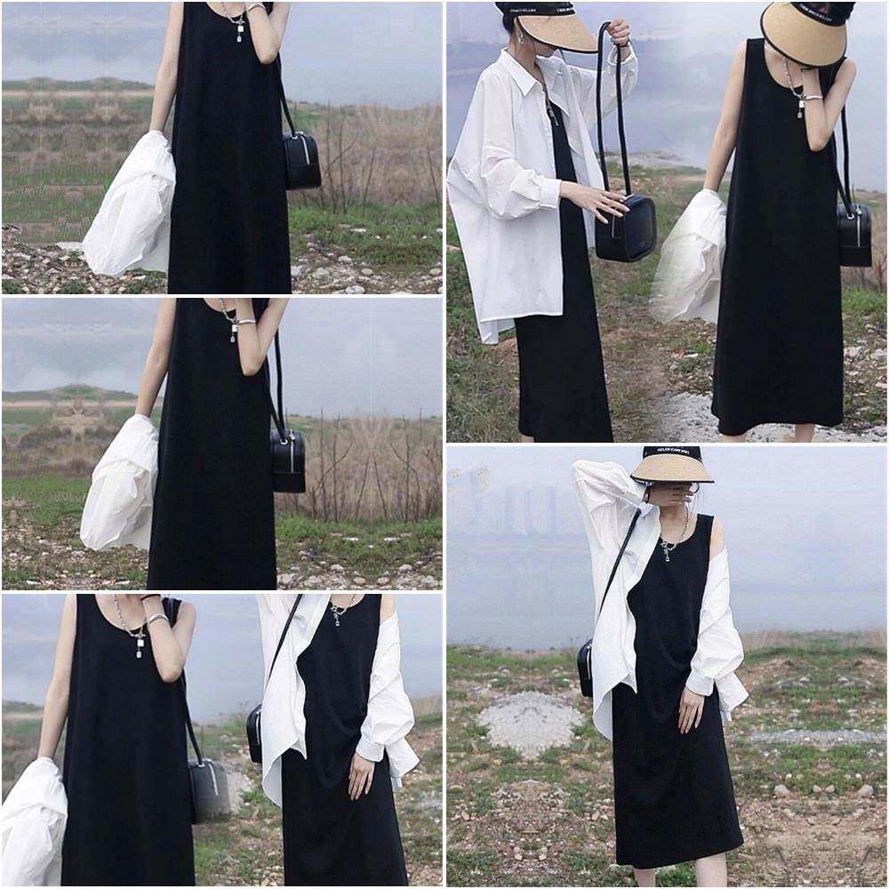 宽松中长款背心连衣裙套装女夏季新款度假风防晒衬衫搭配吊带长裙
