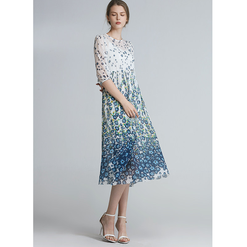 Y度假风真丝顺纡定位印花长袖高腰中长两件套连衣裙附吊带E2-3