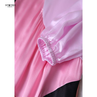 美国原！玩趣拼色！时尚感撞色拼接！圆领灯笼中袖真丝连衣裙女C3