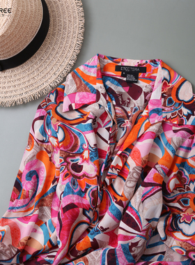 原DAI~品味专享 设计感别致领.！波普风长袖真丝花衬衫上衣女A5