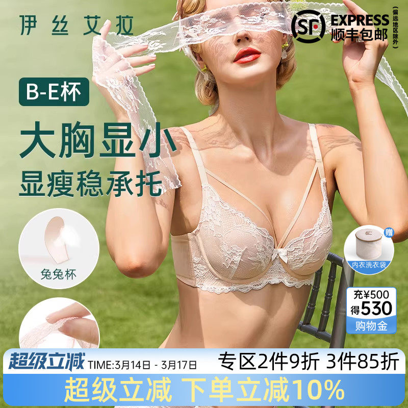 伊丝艾拉大胸显小内衣女夏薄款收副乳聚拢防下垂透气蕾丝性感文胸