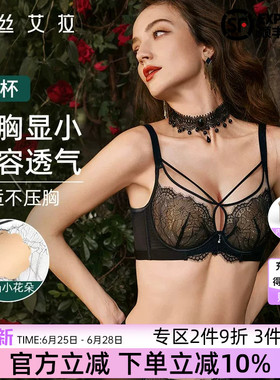 伊丝艾拉内衣女夏季薄款黑色蕾丝文胸大胸显小胸透气性感大码胸罩