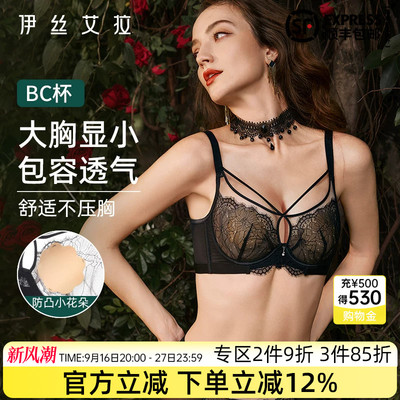 伊丝艾拉内衣女夏季薄款黑色蕾丝文胸大胸显小胸透气性感大码胸罩
