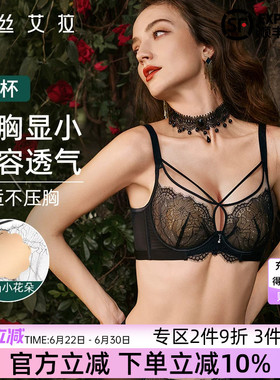 伊丝艾拉内衣女夏季薄款黑色蕾丝文胸大胸显小胸透气性感大码胸罩