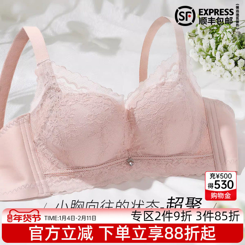 伊丝艾拉小胸聚拢文胸春夏新品蕾丝内衣女无钢圈中厚杯上托防下垂