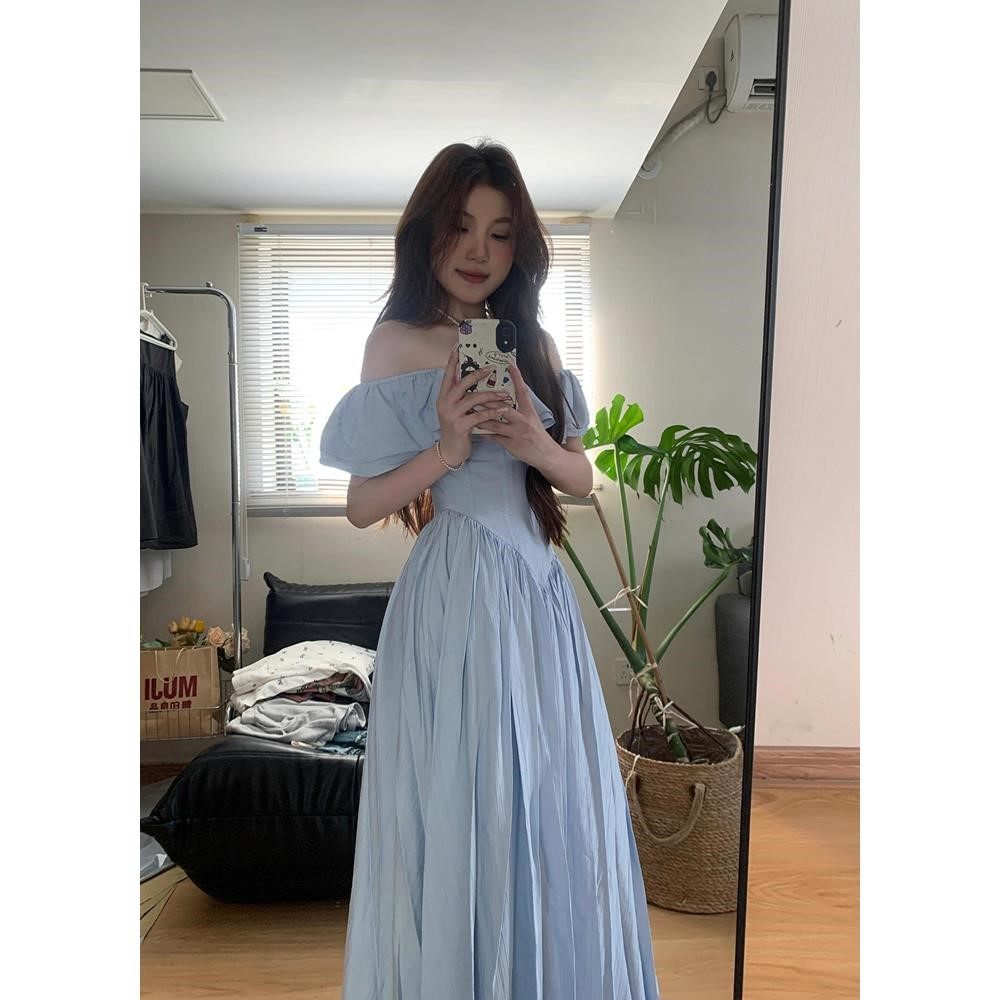 蓝色荷叶袖一字肩连衣裙女2025夏新款法式复古高级感气质收腰长裙,个性定制/设计服务/DIY,工作服定制,淘宝优惠券,粉丝福利购,淘宝优惠卷