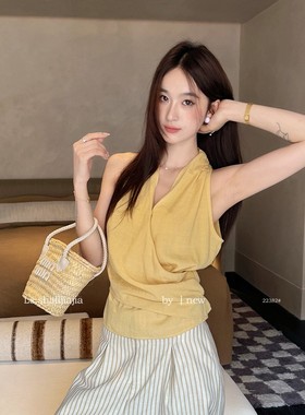 LS 极简时尚纯色v领无袖上衣女 广州十三行2025夏季新品女装22382