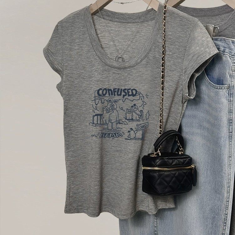 灰色低u领薄款美式复古短袖t恤女2025夏季新款宽松显瘦设计感上衣,个性定制/设计服务/DIY,工作服定制,淘宝优惠券,粉丝福利购,淘宝优惠卷