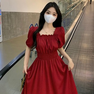 大码 高端定制收腰显瘦气质显白小红裙女夏季 胖mm方领红色连衣裙子