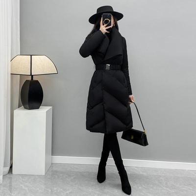 冬季新款黑色修身过膝中长款羽绒服女小个子收腰白鸭绒外套有吊牌