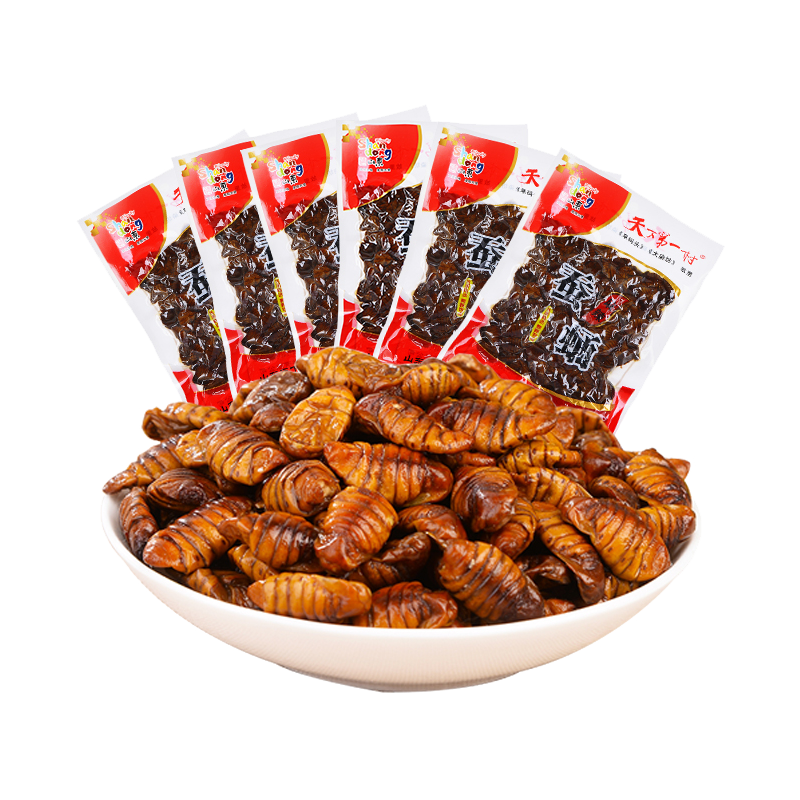 好客山东 天下第一村麻辣蚕蛹桑蚕茧蛹休闲昆虫即食零食100G*10袋