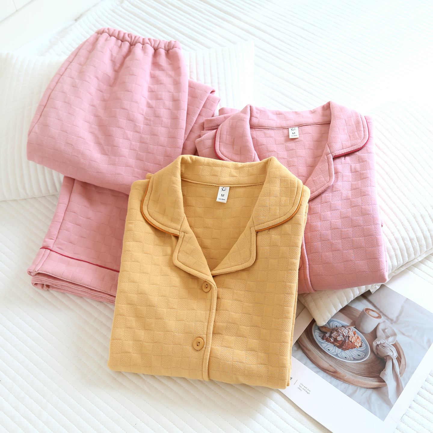 A类纯棉空气层女士睡衣三层夹棉