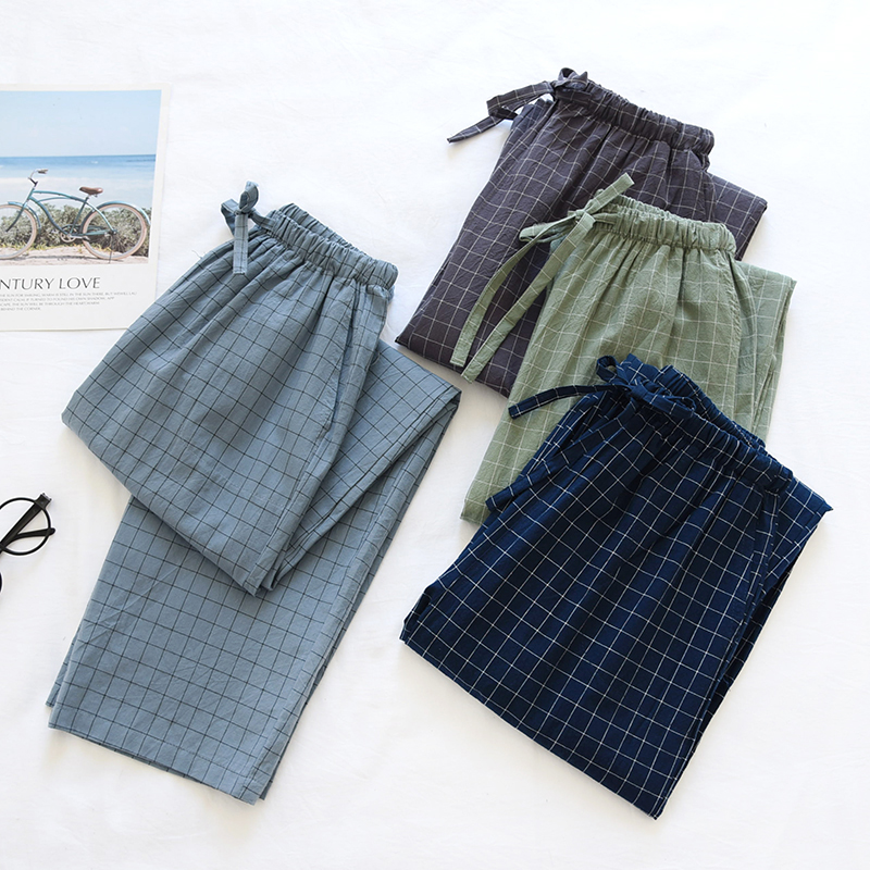 男士睡裤春夏纯棉棉布格子家居裤