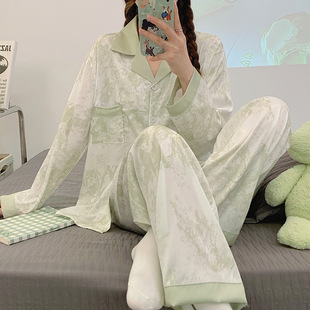 优选冰丝绸睡衣女春秋夏季 薄款 夏天年宽松高级感水墨画家居服套装