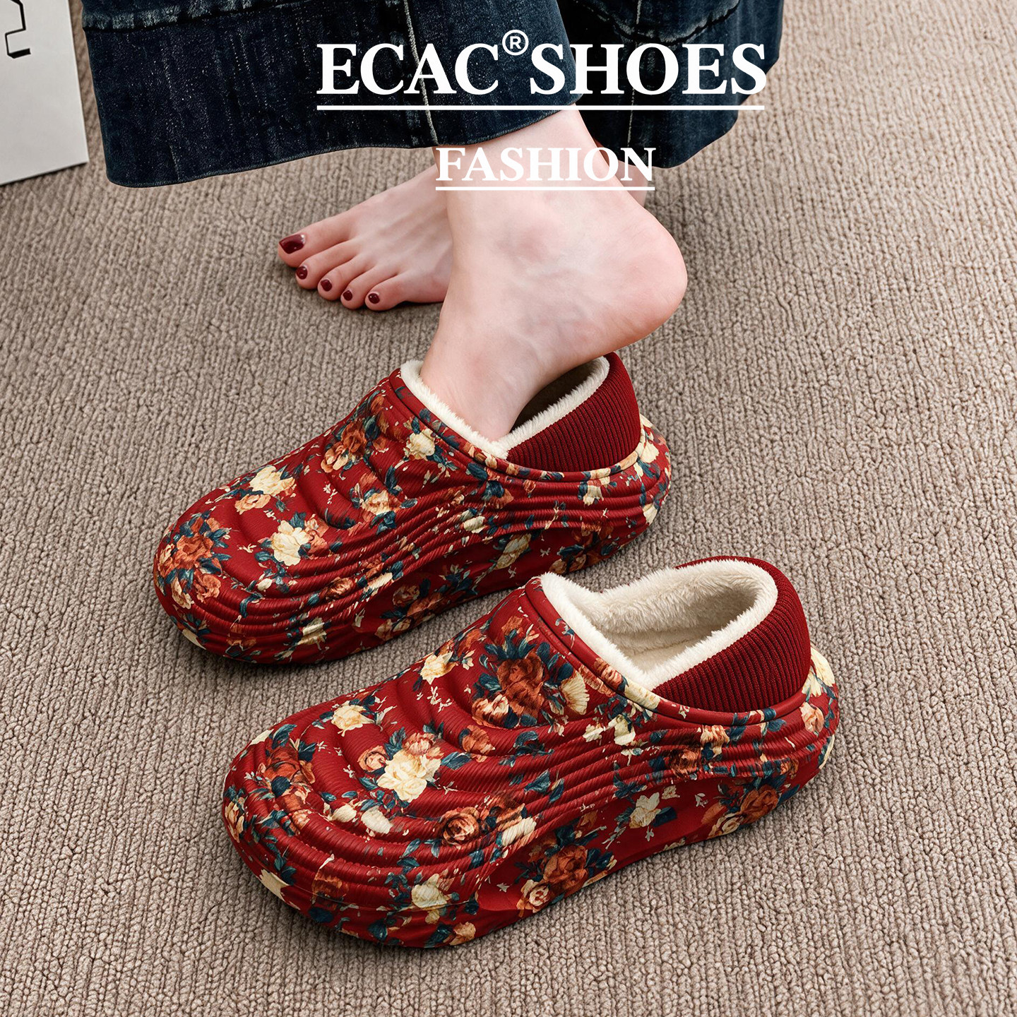 ECAC高级感复古玫瑰碎花棉拖鞋女