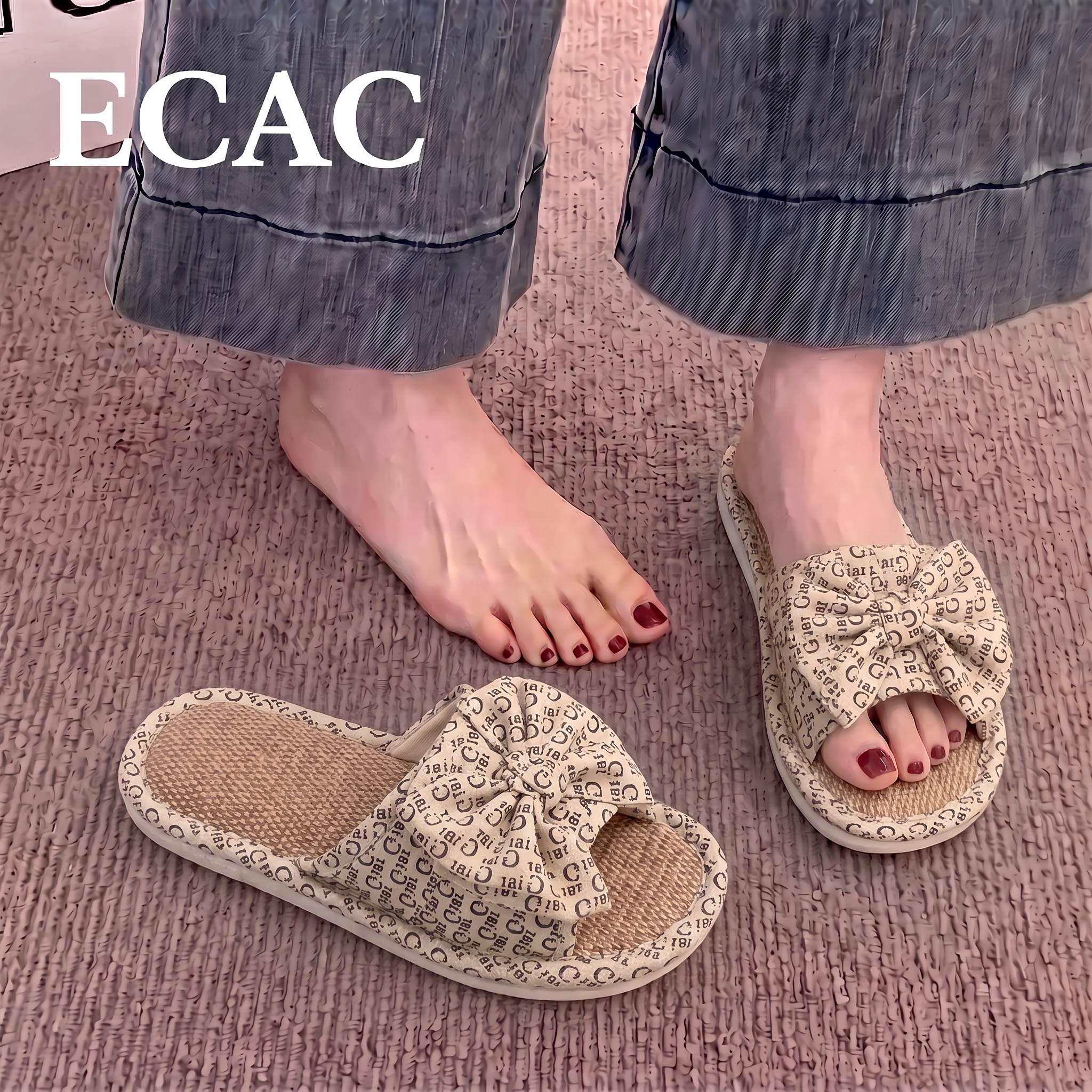 ECAC亚麻拖鞋女四季家居室内防滑静音吸汗透气木地板秋冬棉麻拖鞋