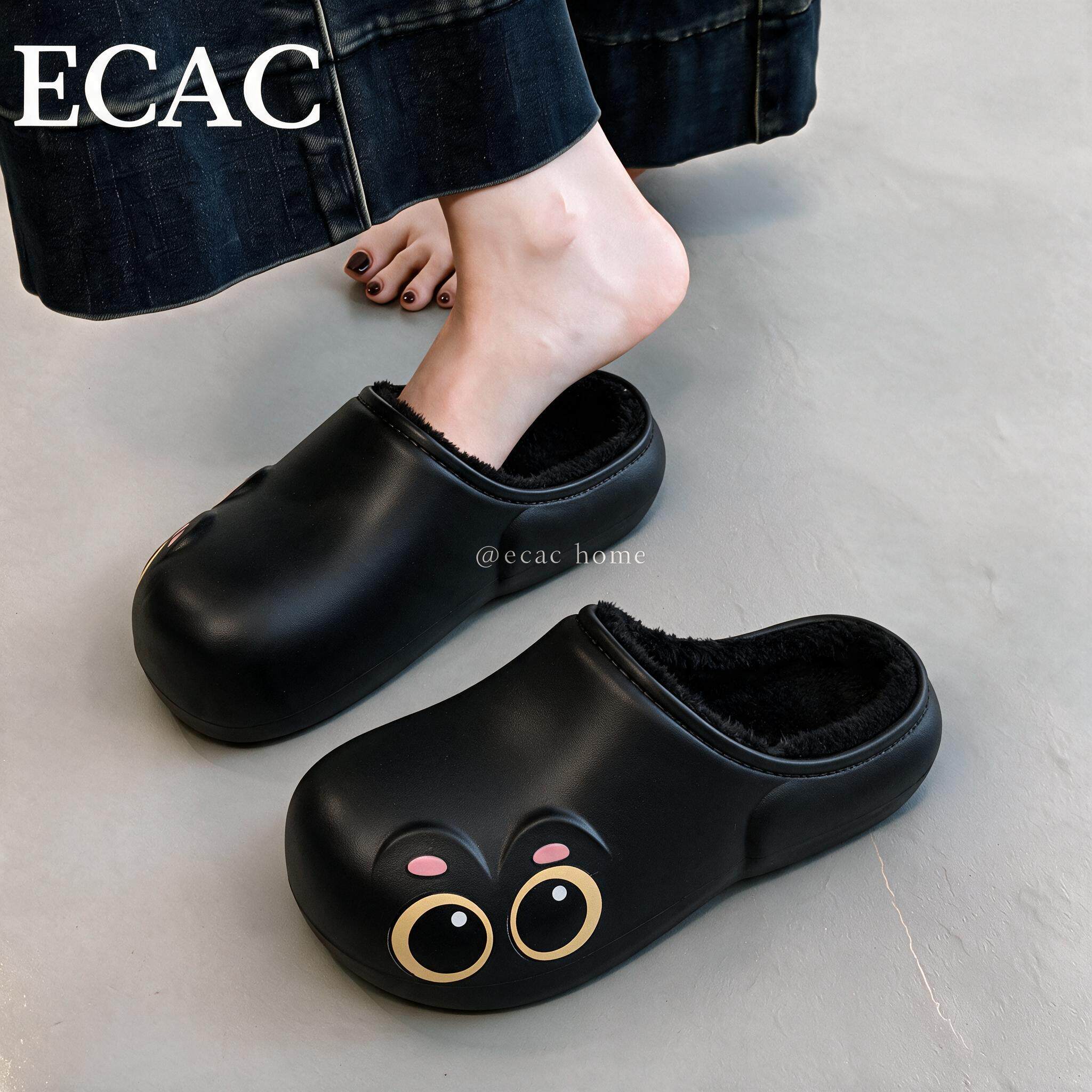 ECAC防水棉拖鞋女款2026新款秋冬季外穿可爱防滑厚底毛绒保暖棉拖