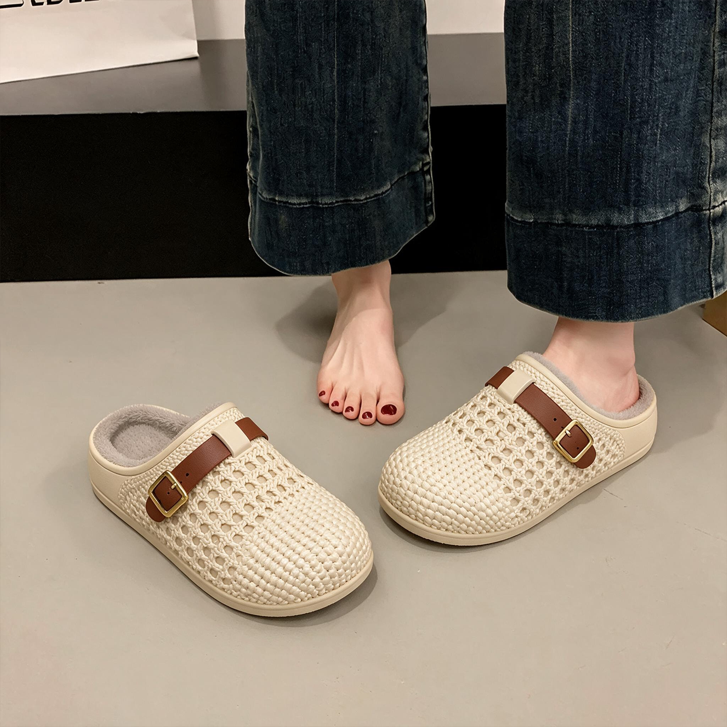 ECAC防水棉拖鞋女款2026新款冬季外穿防滑防水玛丽珍棉拖厚底保暖