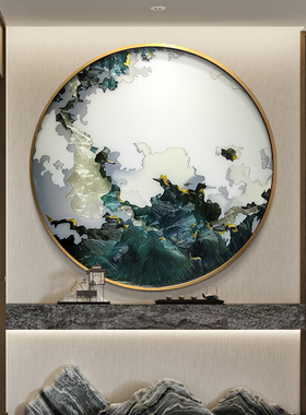 经典手绘珐琅彩装饰画轻奢抽象圆形玄关挂画新中式客厅书房墙壁画