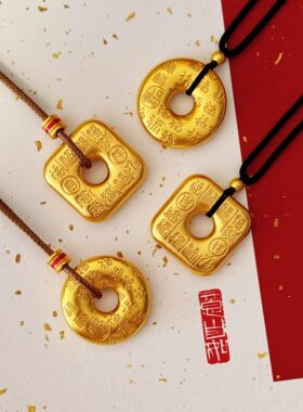 金店同款古法沙金方形百福祥云平安扣吊坠项链实心四方来财毛衣链