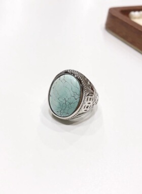 G58# 天然原矿绿松石大版戒指24*19*8.5mm S925银戒托 开口圈可调