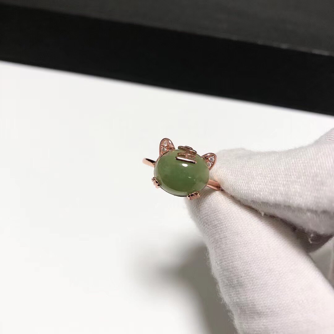 G89# 天然和田玉碧玉戒指11*13mm 玫瑰金开口戒托 配证书