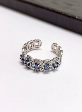 G183# 通体S925纯银镀白金精工镶嵌蓝宝石戒指 裸石3mm*5颗