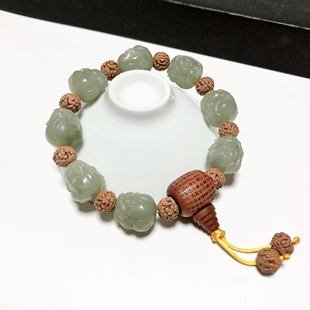 S421# 和田玉老坑料切莫蓝精工精雕貔貅财源滚滚手串 15.5*17mm