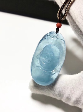 D804# 天然冰种魔鬼蓝海蓝宝笑佛佛公吊坠43*24.5*11mm