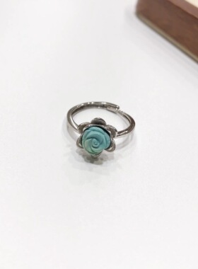 G51# 天然原矿绿松石雕花戒指7.2mm左右 S925银托