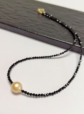 D1496# 天然微瑕南洋金珠吊坠 珍珠锁骨链9.5mm 配黑尖晶项链