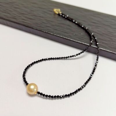 D1496# 天然微瑕南洋金珠吊坠 珍珠锁骨链9.5mm 配黑尖晶项链