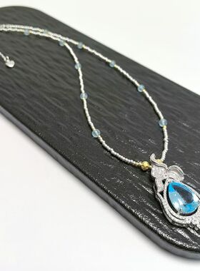 D1464# S925通体纯银精工镶嵌托帕石吊坠42*20*7.5mm