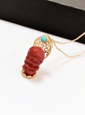 D45# 天然南红宝宝佛吊坠 老金配绿松 锁骨链 18K配链