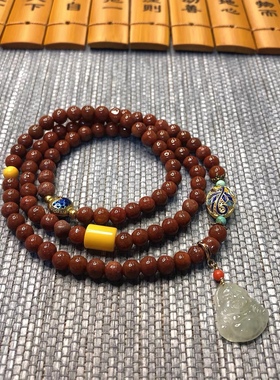 S515# 天然缅甸红翡翠 满红糖色 圆珠三圈手链 6mm 配蜜蜡 松石