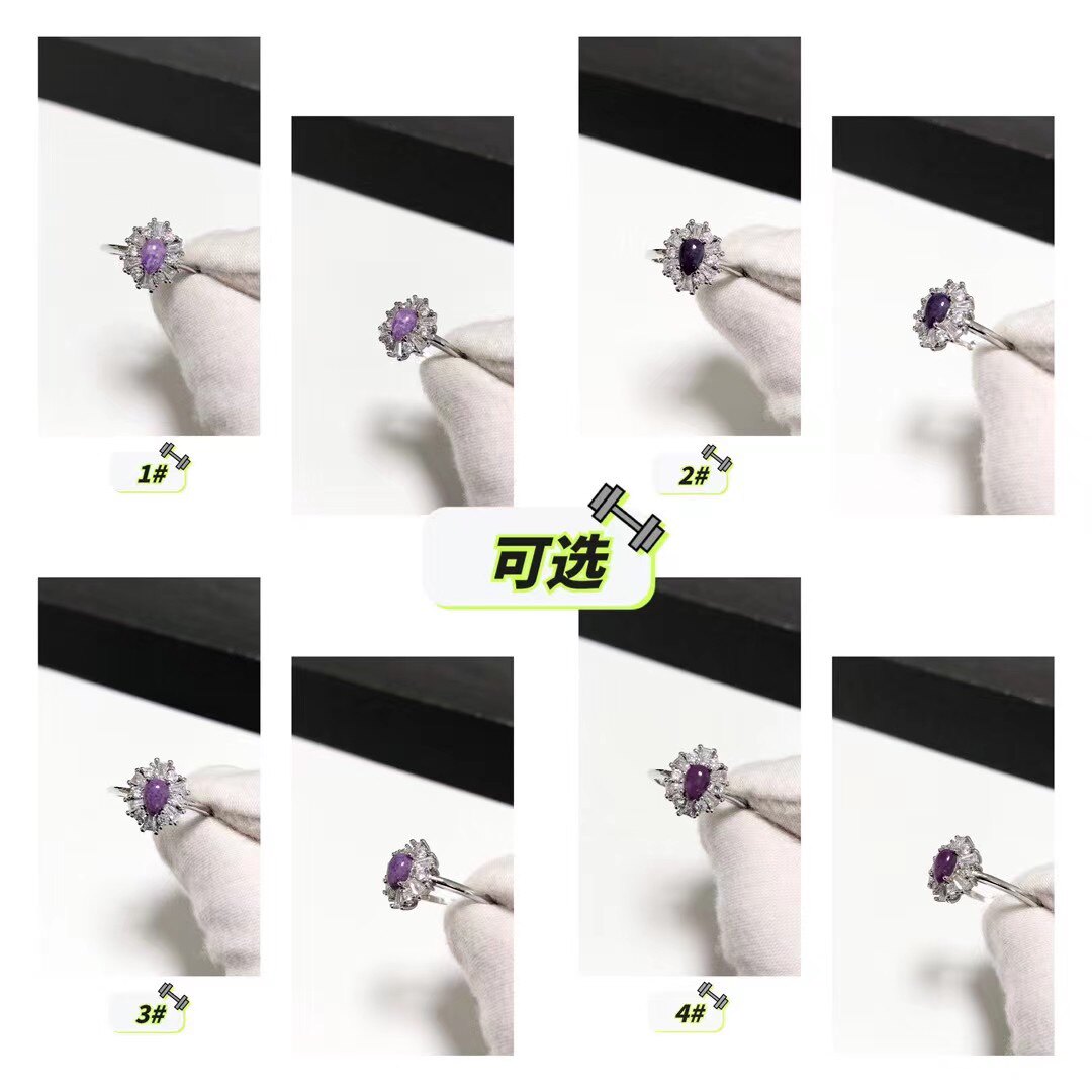 G95# 天然舒俱莱水滴戒指6.5*4mm S925银开口戒托 多款可选