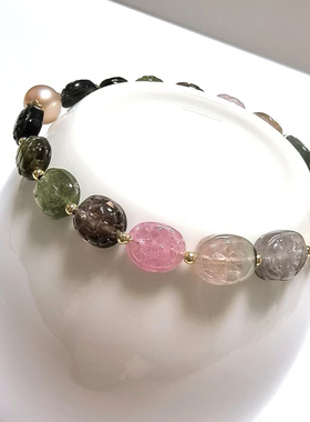 S570# 天然老矿料碧玺富甲天下手链8.3-10.8mm配极光淡水珍珠8mm