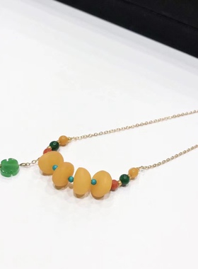 D735# 天然老蜜蜡饼子锁骨链10mm左右 总重3.86克