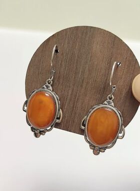 C44# 天然原矿老蜜蜡通体S925纯银耳环耳勾 蜜蜡16*12mm