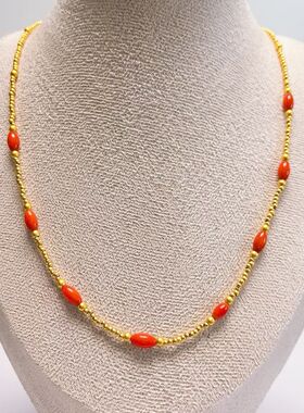 D1492# 天然红塑料小米珠项链8*4.5mm*8颗 锁骨链 配沙金