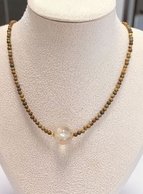 D1402#天然阿塞斯特莱彩虹银发晶锁骨链13.3mm配菜籽黄绿松石3mm