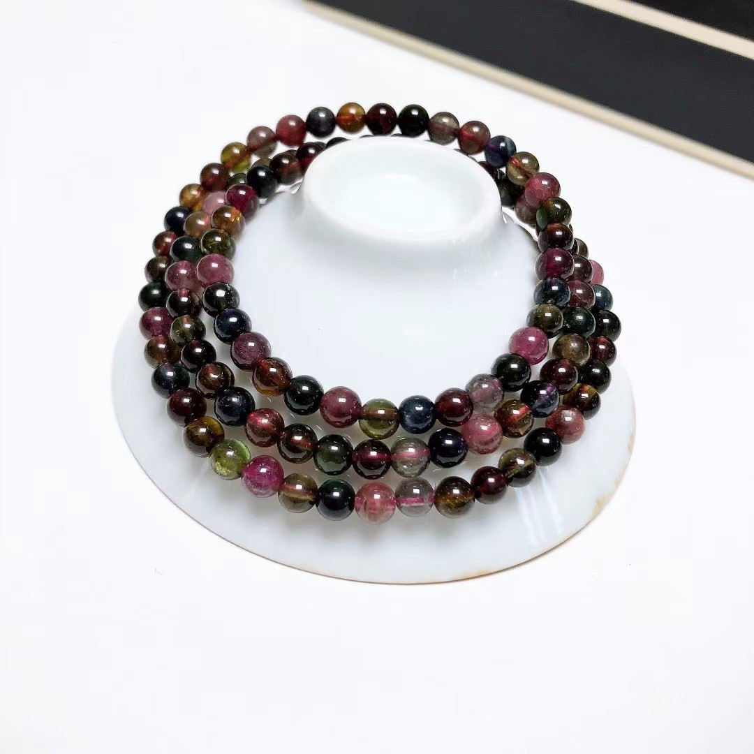 s17# 天然巴西老矿料黑碧玺黑玫瑰三圈手链5mm 重量22.87g