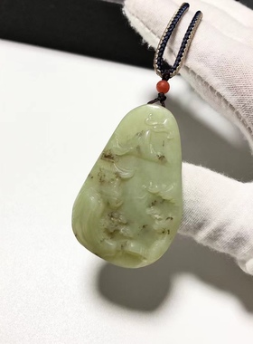 D1190# 天然和田玉黄口老料桂花糕山水吊坠47.3*30.5*12mm