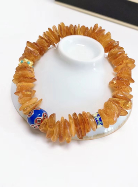 S441# 天然原矿老料蜜蜡随形手串16.70克 配景泰蓝烤蓝配件