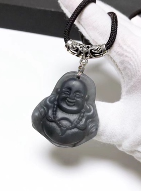 D311# 新疆和田玉收藏级紫罗兰烟紫料笑佛佛公吊坠41*36.5*10mm