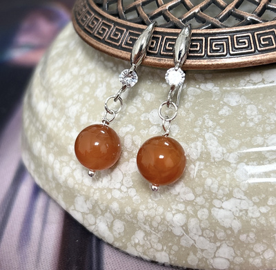 J312#  南红玛瑙圆珠耳环 s925银耳钩款 10mm