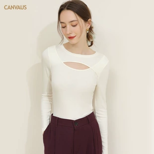 女内搭秋冬季 露锁骨打底T恤女装 CANVAUS设计感打底衫 黑色长袖 修身