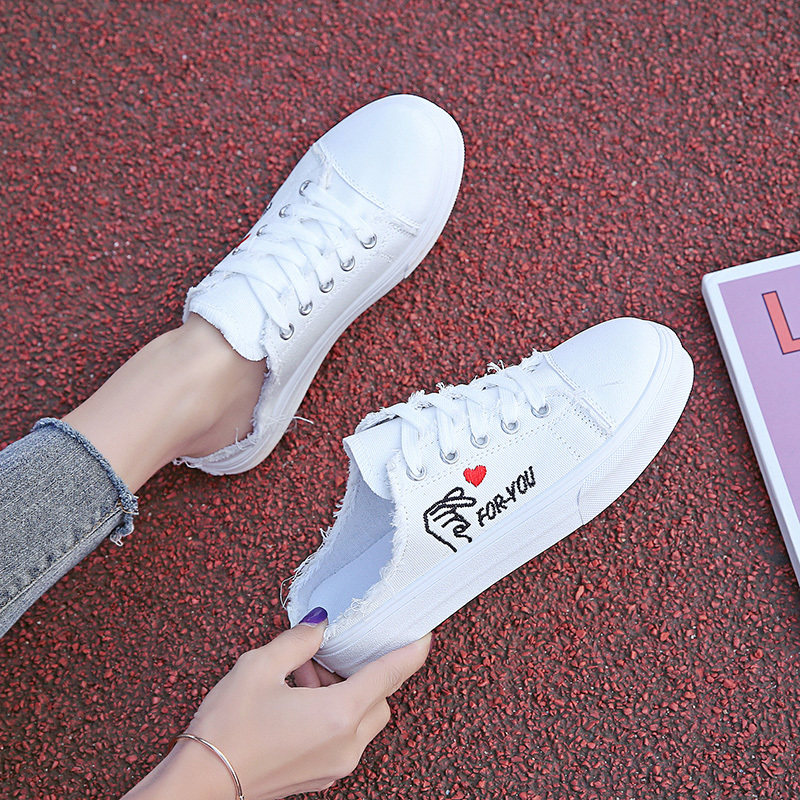 2019春夏季帆布鞋女學生韓版半拖無後跟懶人壹腳蹬小白鞋平底板鞋在類目 女鞋, 拖鞋中 - 來自Buy2taobao.com提供專業的淘寶代購服務