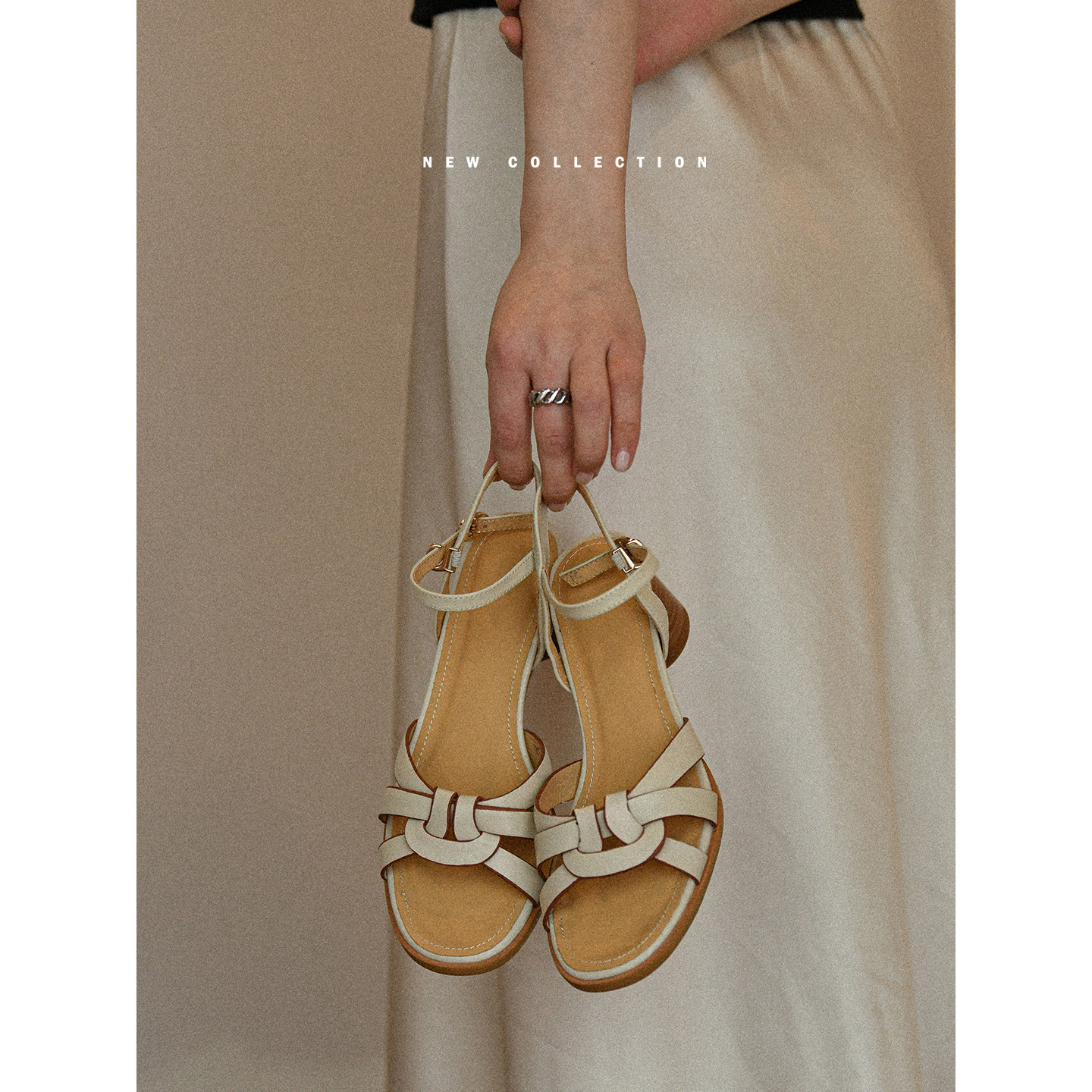 寻友集 轻法式编织绑带牛皮凉鞋女 夏季真皮粗跟一字带牛皮女鞋子