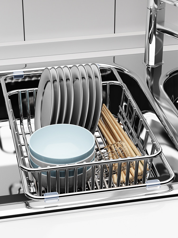 厨房水槽沥水篮洗菜盆304不锈钢抗蓝可伸缩网挂篮架水池筐漏网篮